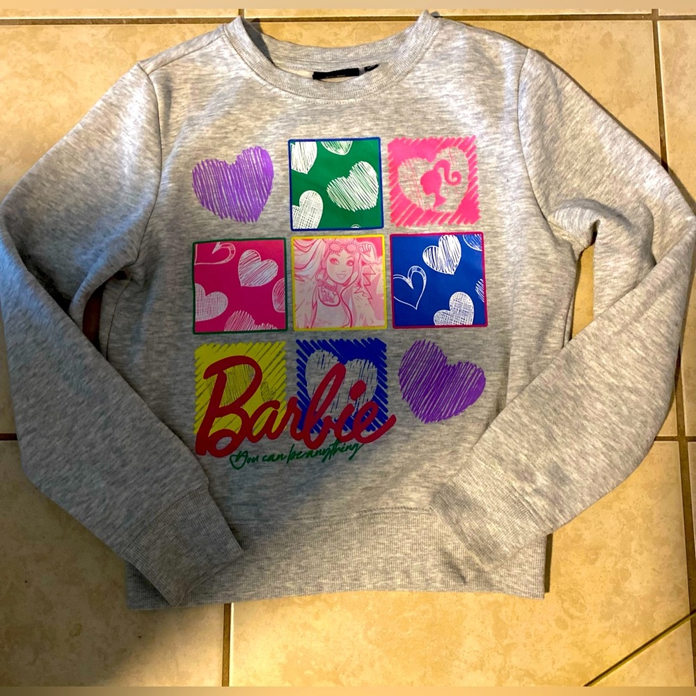 NWOT Girls Barbie Graphic Sweatshirt Gray Colorful Fleece Lined Small